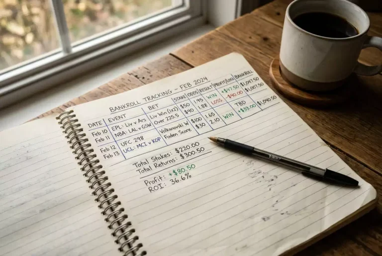 Carnet de suivi de bankroll de paris sportifs avec annotations et calculs