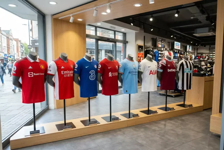 Maillots de football de Premier League exposés dans une vitrine