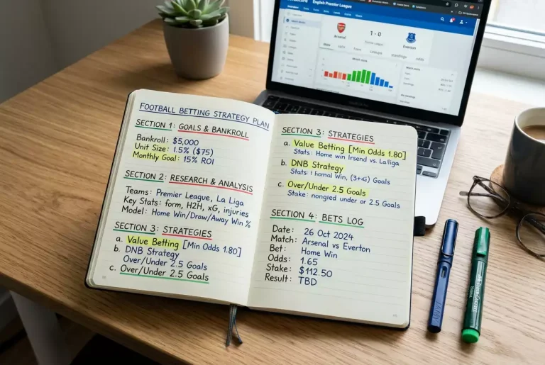 Carnet de notes avec plan stratégique de paris sportifs annoté