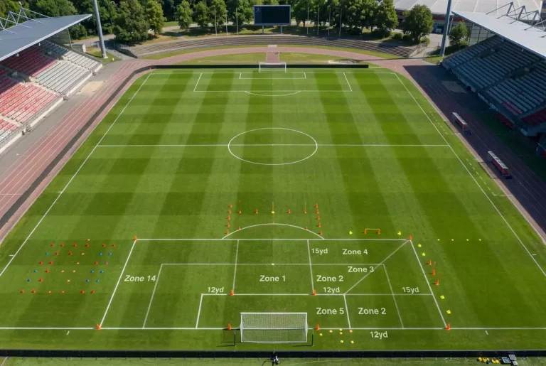 Terrain de football vu de haut avec zones de tir et probabilités de but